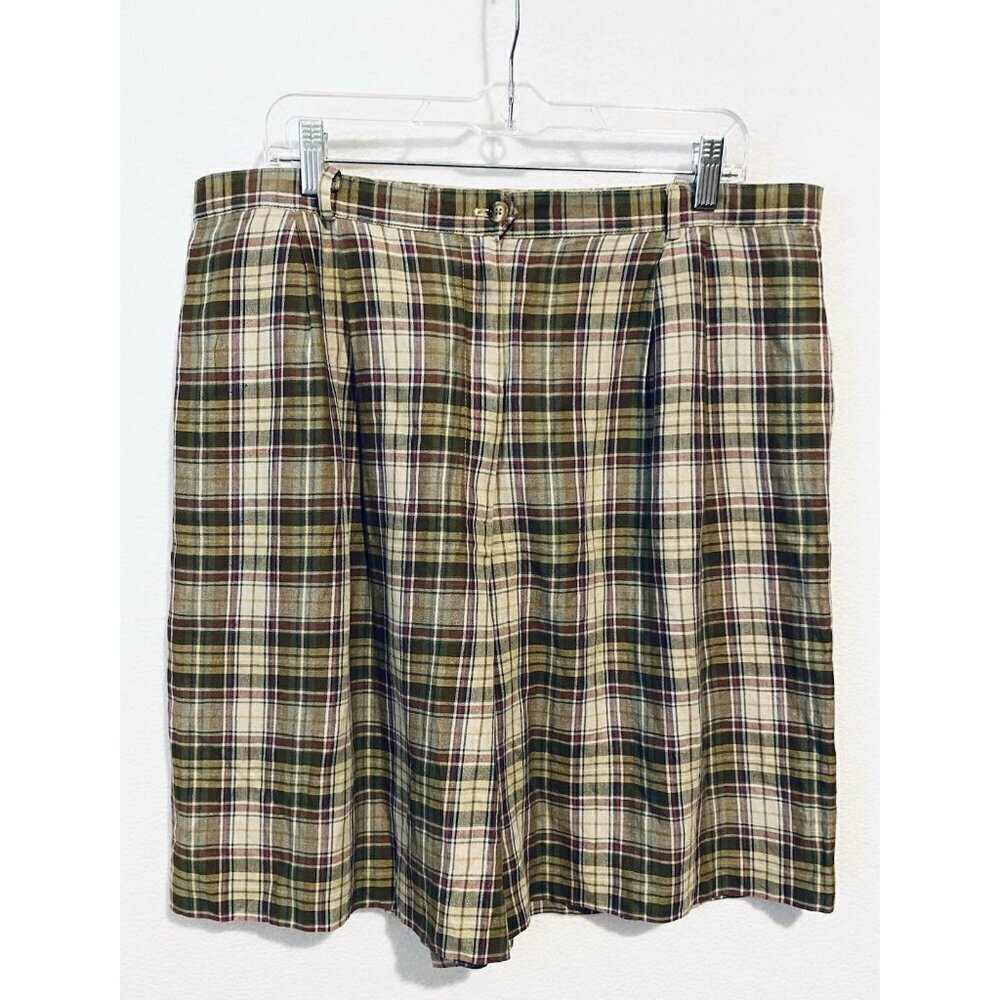 Talbots Shorts Womens 20 Green Plaid Linen Blend Lined High Waist Vintage Preppy